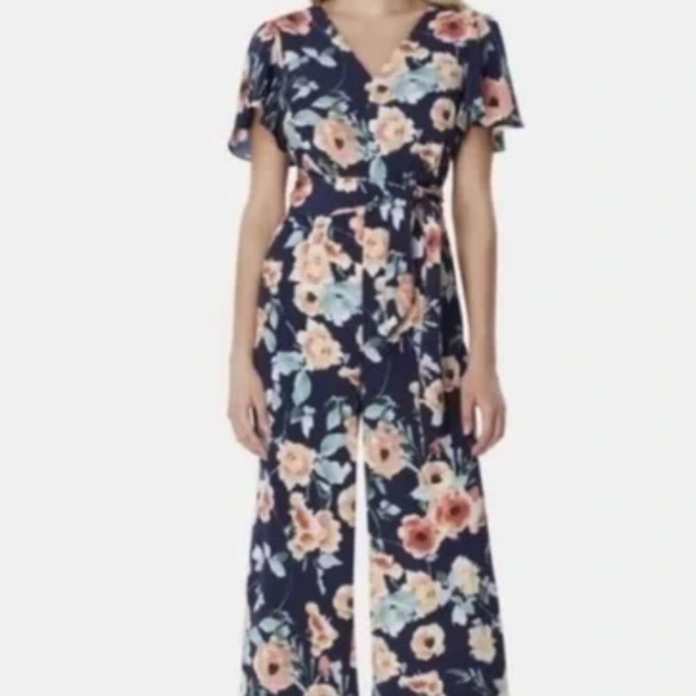 Tahari Arthur S Levine Size 1 Women’s Floral Blue Jumpsuit Short Flutter Sleeve